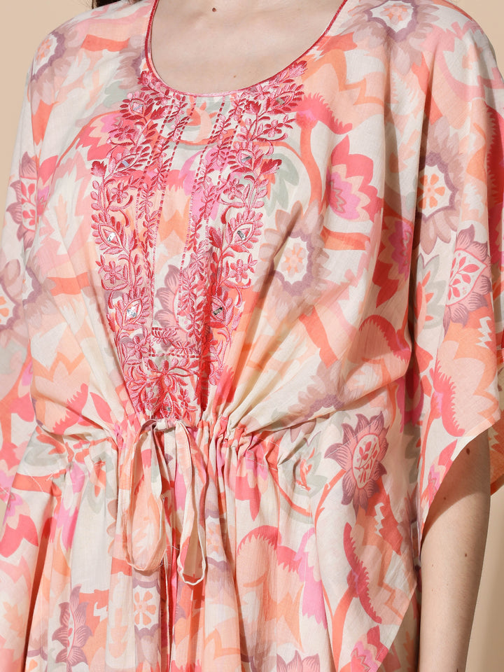 Coral Peach Cotton Kaftan Nighty for Women with Embroidery