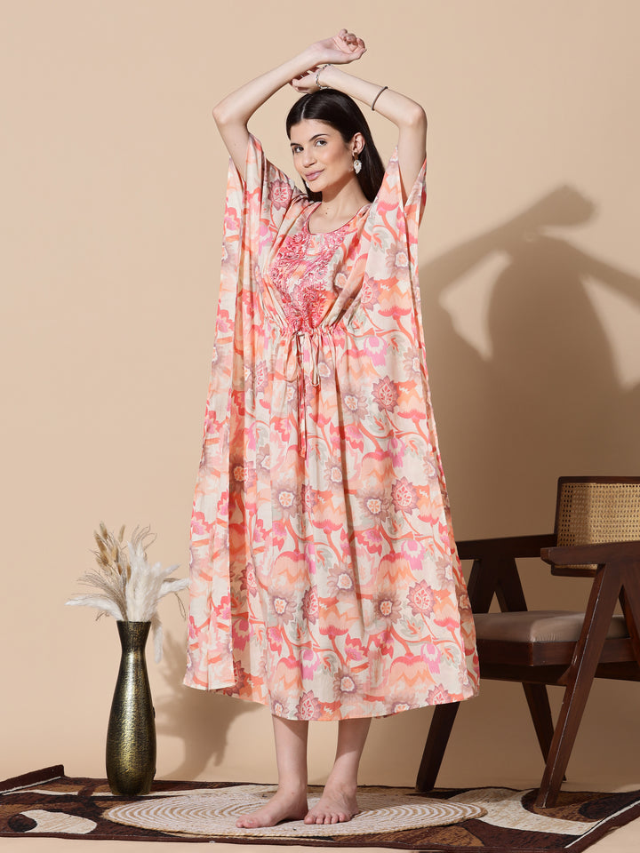Coral Peach Cotton Kaftan Nighty for Women with Embroidery