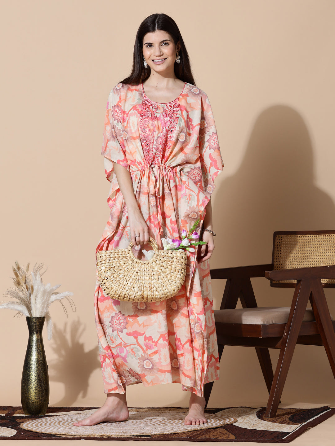 Coral Peach Cotton Kaftan Nighty for Women with Embroidery