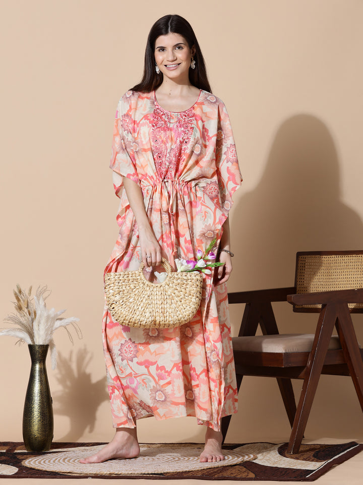 Coral Peach Cotton Kaftan Nighty for Women with Embroidery
