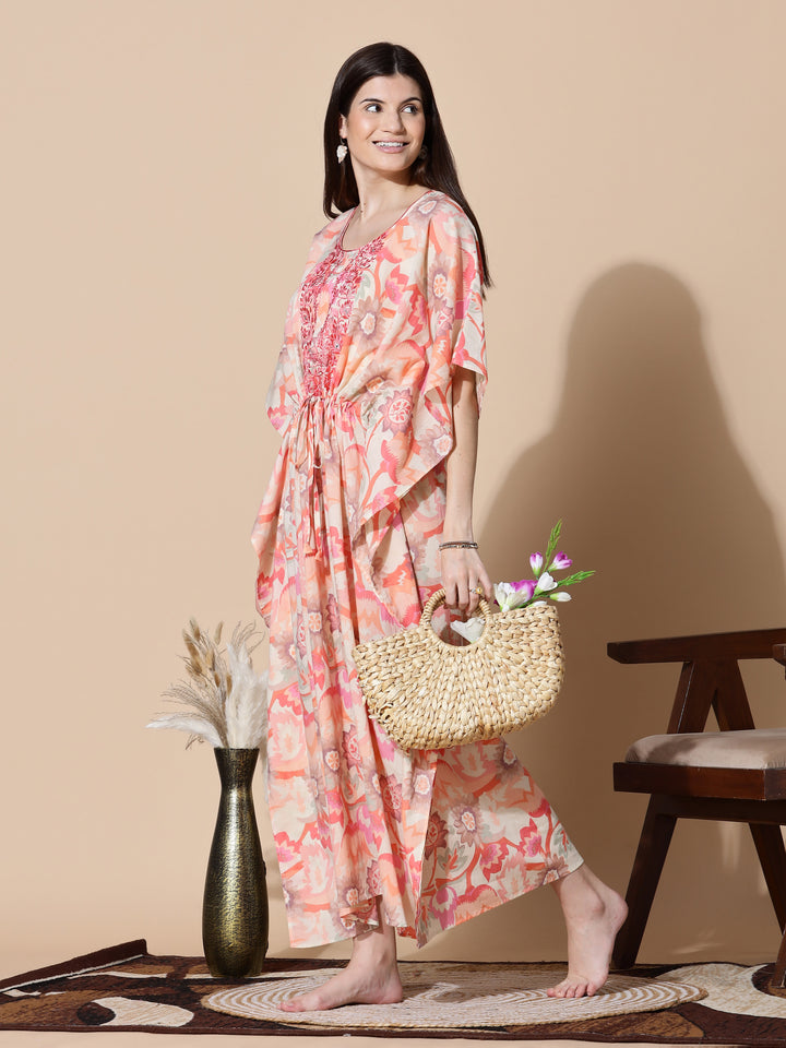 Coral Peach Cotton Kaftan Nighty for Women with Embroidery