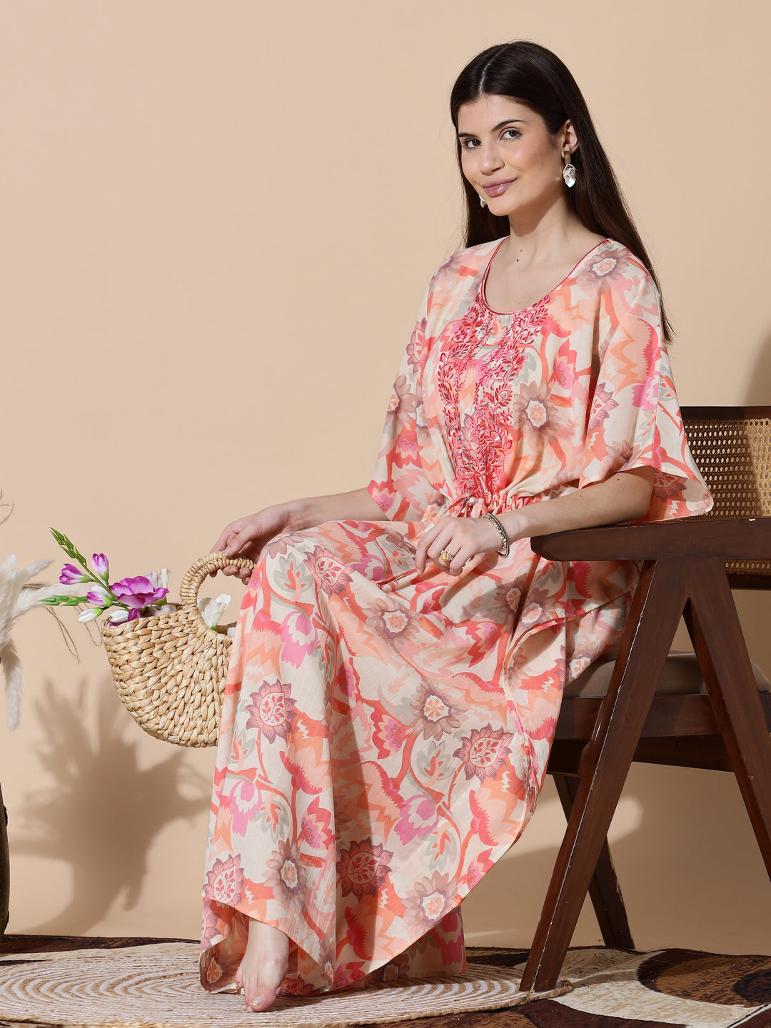 Coral Peach Cotton Kaftan Nighty for Women with Embroidery