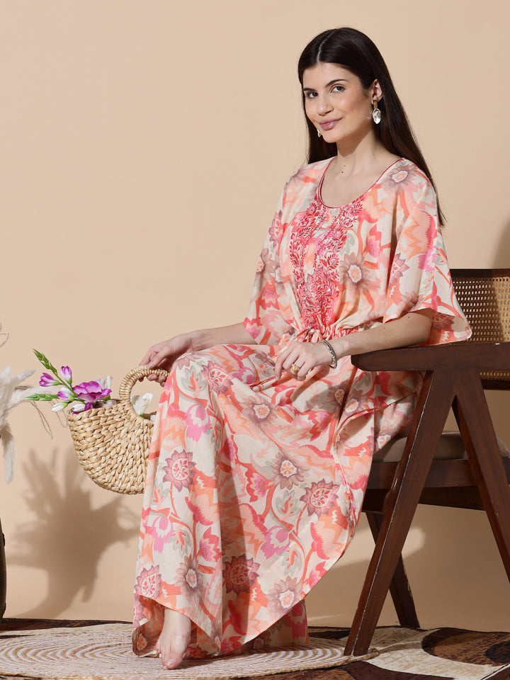 Coral Peach Cotton Kaftan Nighty for Women with Embroidery