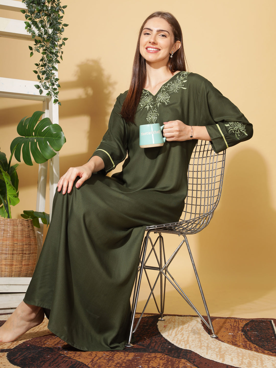  Rayon Designer Nighty  Emerald A-Line Rayon Nighty 3/4 Sleeve Embroidery Maxi Nightdress- 9shines label 