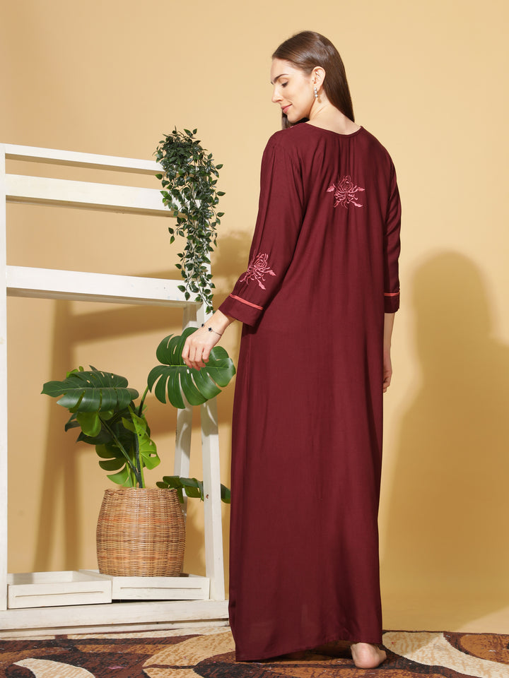  Ruby Red Rayon Embroidered Nighty for Women