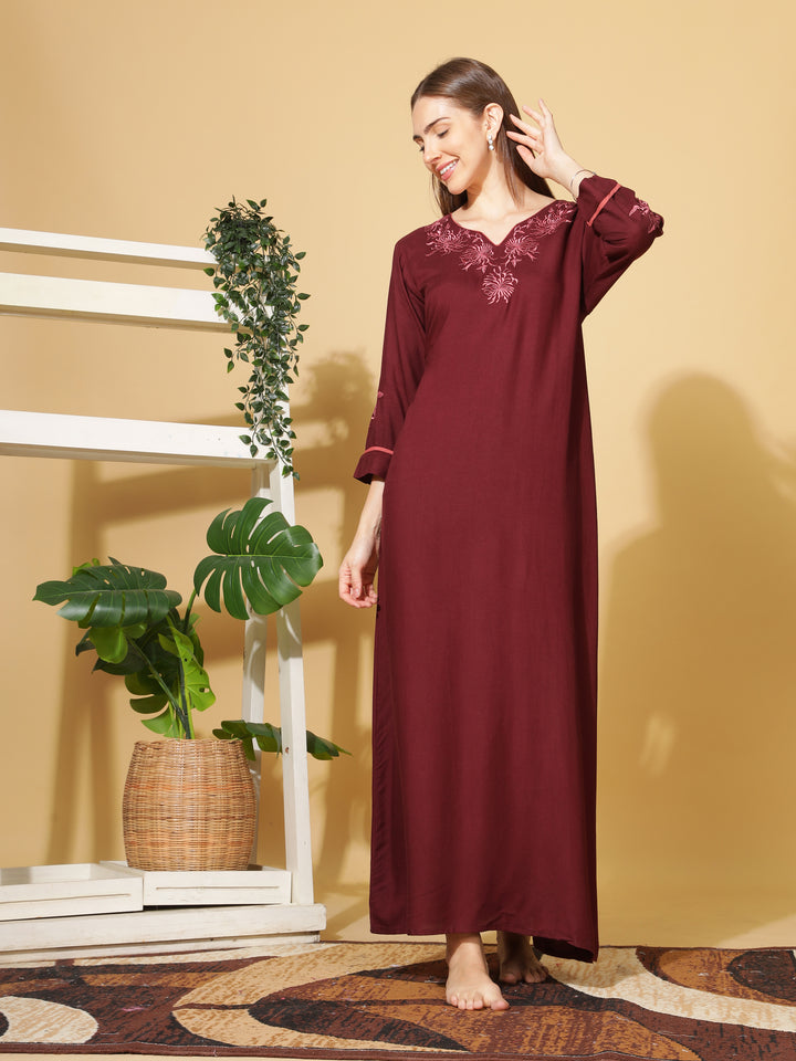  Ruby Red Rayon Embroidered Nighty for Women