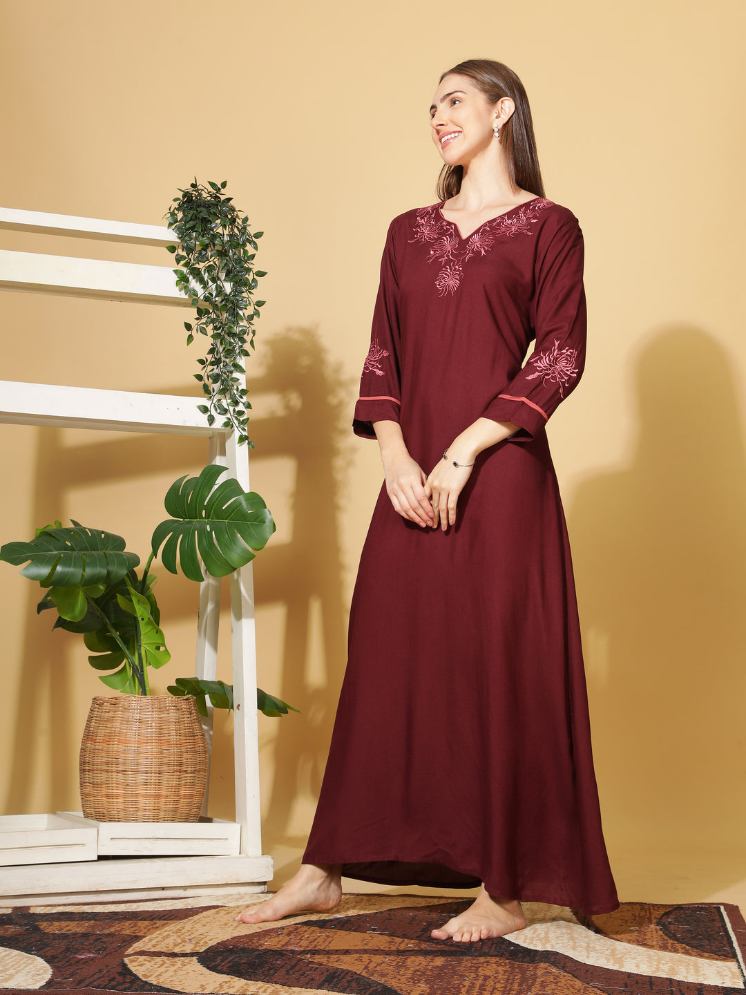 Ruby Red Rayon Embroidered Nighty for Women