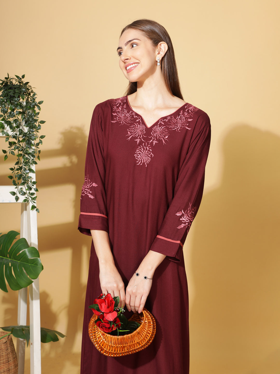  Rayon Designer Nighty  Ruby A-Line Rayon Nighty Elegant 3/4 Sleeve Embroidery Maxi Nightdress- 9shines label 