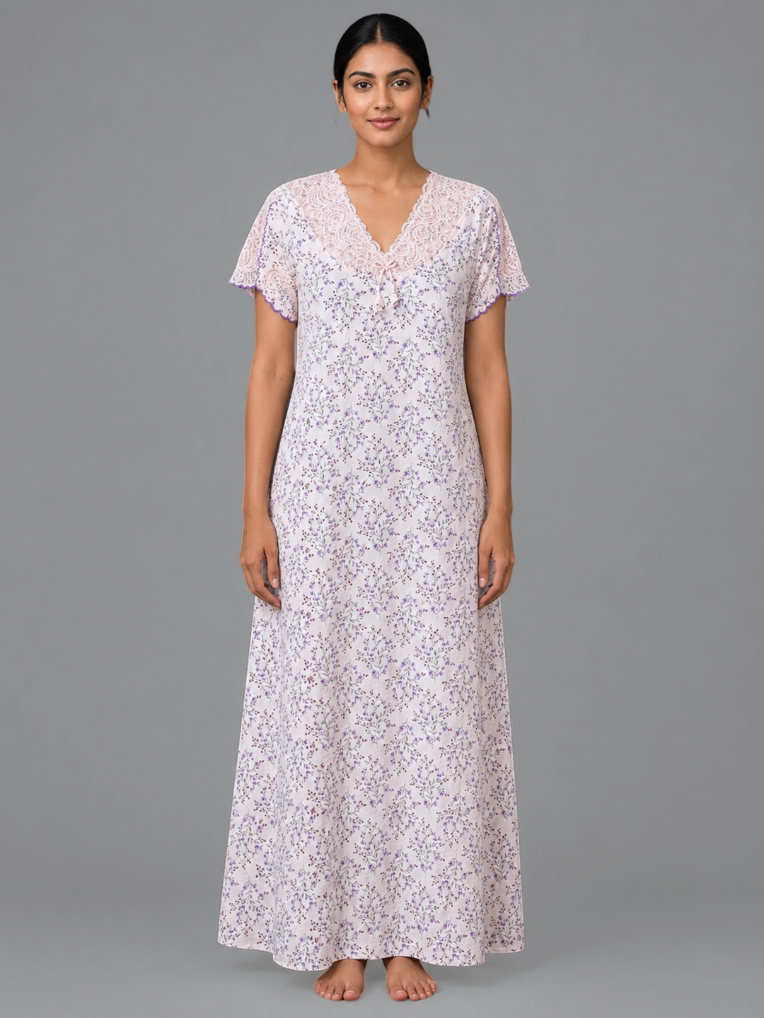 Floral Peach Designer Night Dress in Crush Cotton