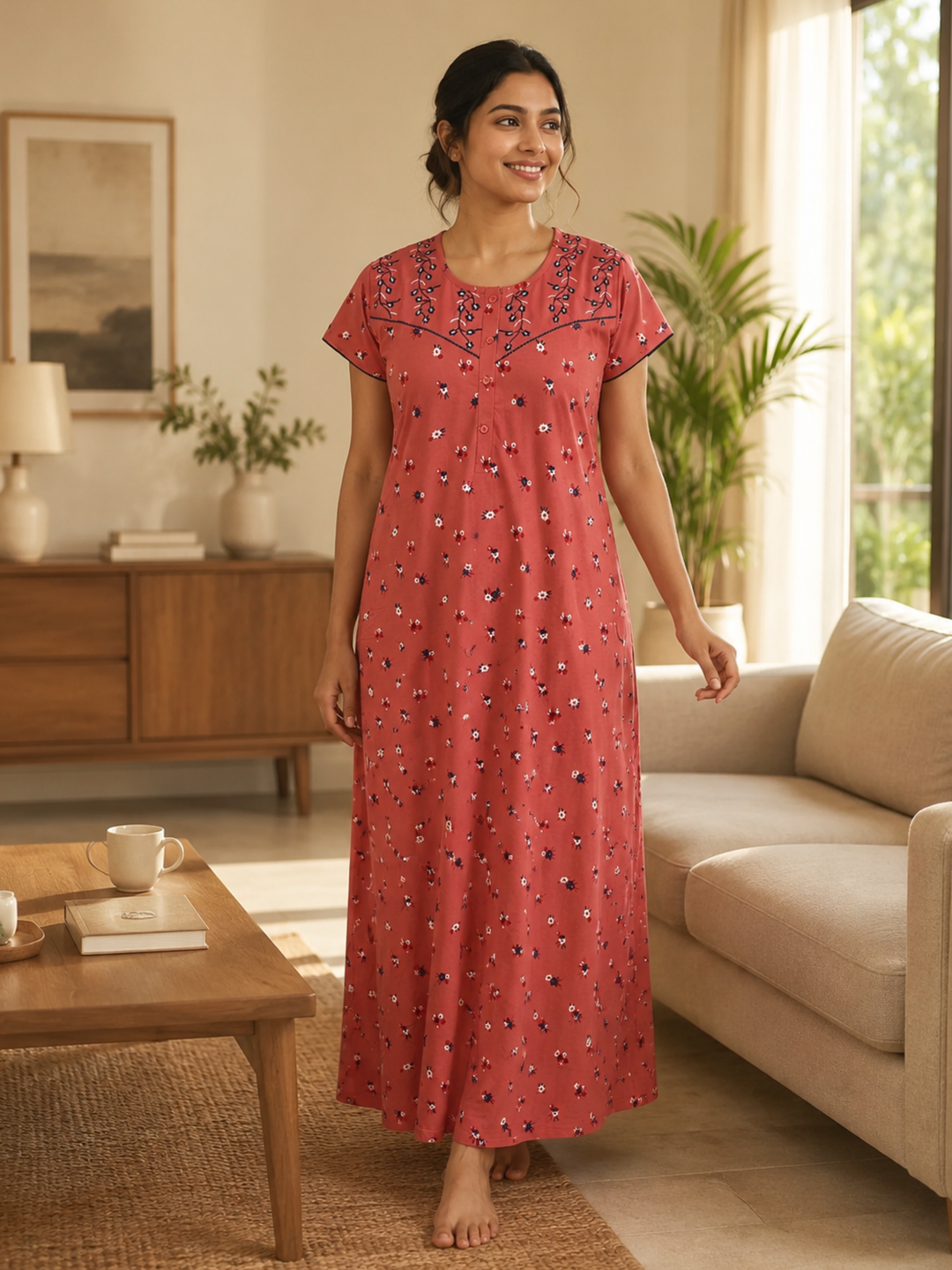 Dark Peach Floral Cotton Blend Designer Nighty for Women