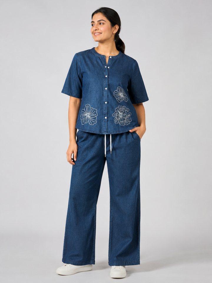 Denim Co Ord Set for Women with Floral Embroidery