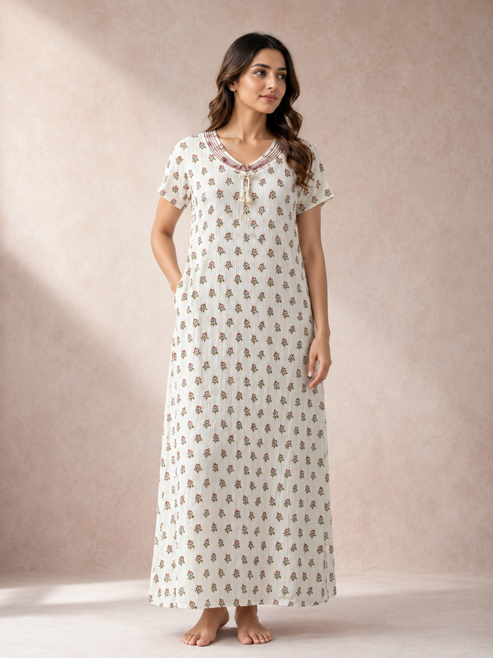 Peach Buti Print Bamboo Feel Crush Cotton Nighty for Women