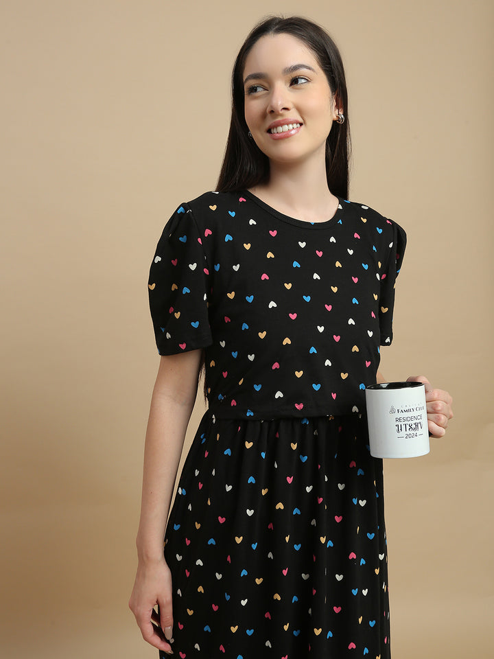 Black Sweetheart Floral Hosiery Cotton Short Maternity Nighty