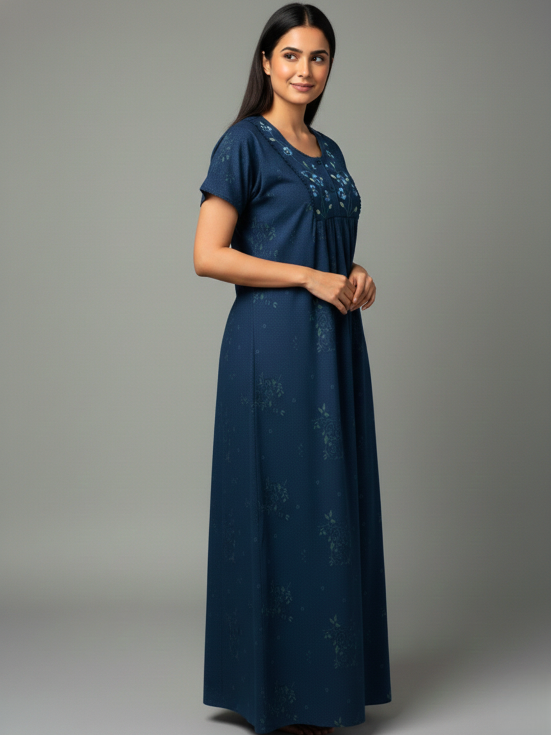 Floral Pleated Cotton Blend Nighty for Women in Indigo Shade