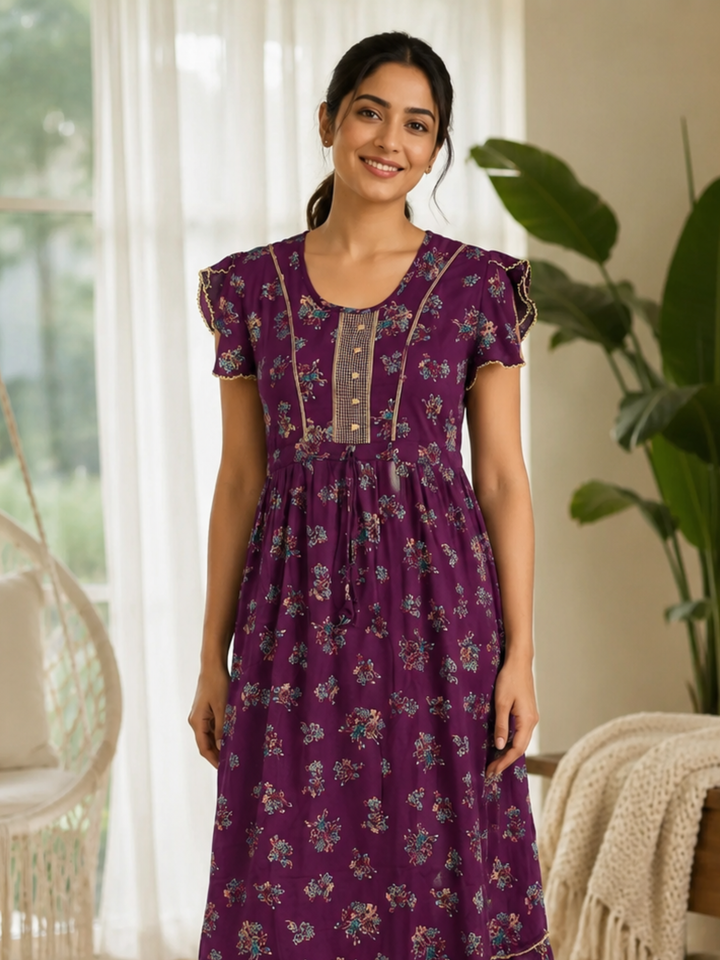Blossom Wine Alpine Designer Nighty for Women Comfortable Frock Style
