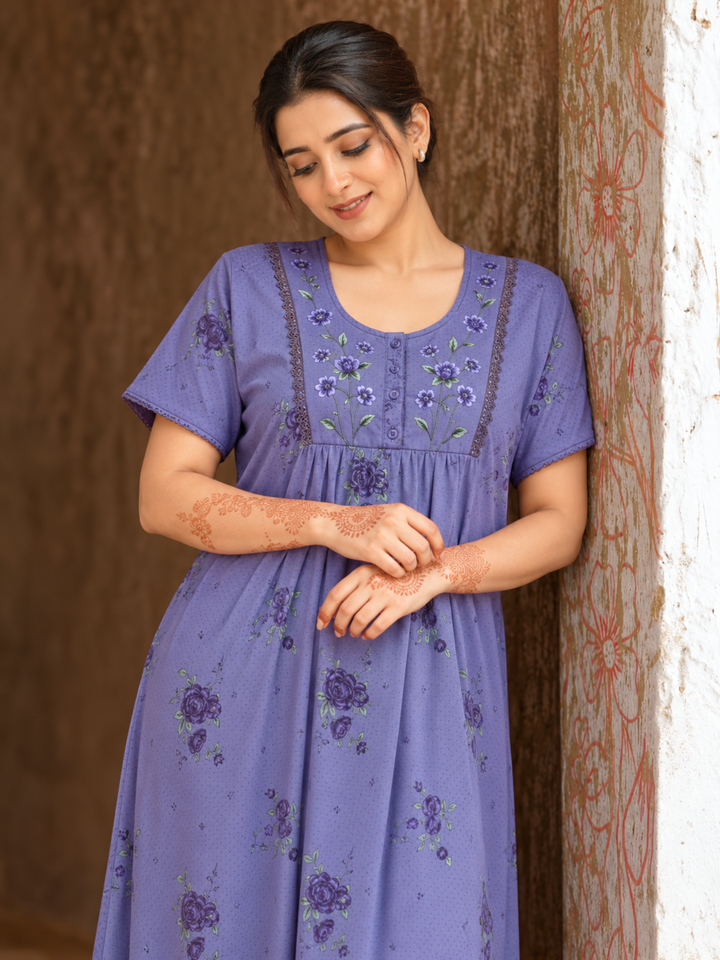 Purple Cotton Blend Embroidered Maxi Nighty for Women