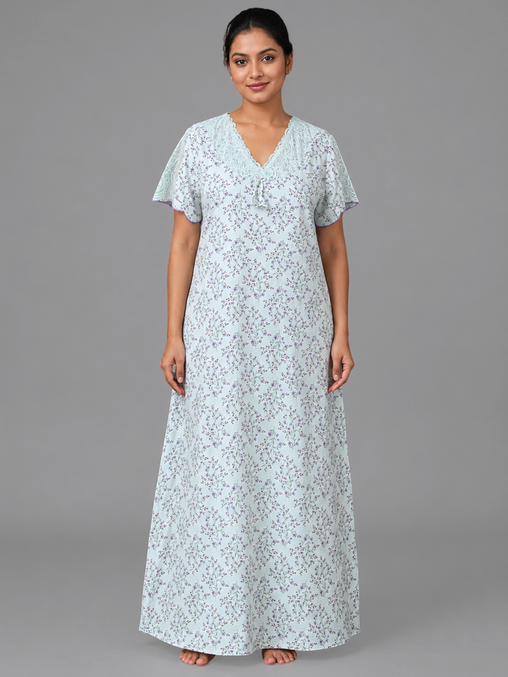 Floral Green Bamboo Feel Crush Cotton Nighty for Women