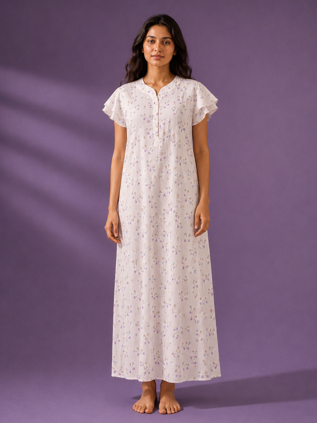Pastel White Disty Floral Bamboo Feel Crush Cotton Nighty