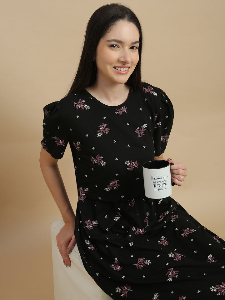 Midnight Blossom Floral Hosiery Cotton Short Maternity Nighty