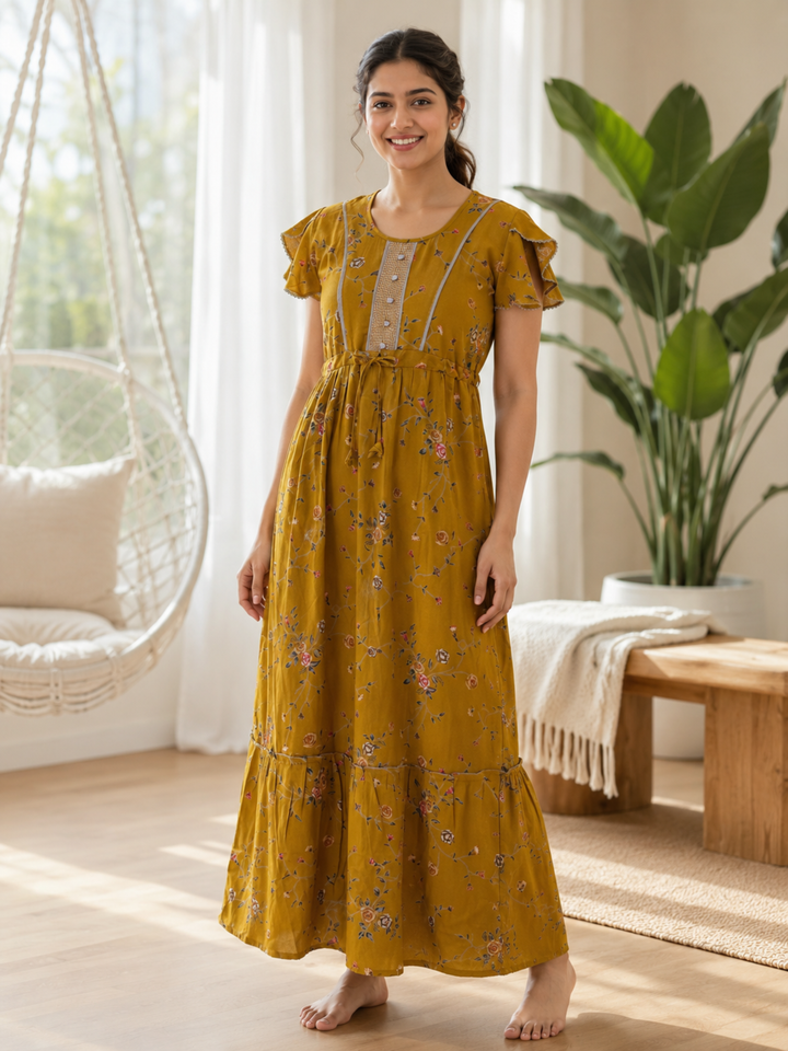 Floret Mustard Alpine Designer Nighty for Women with Frock Fit