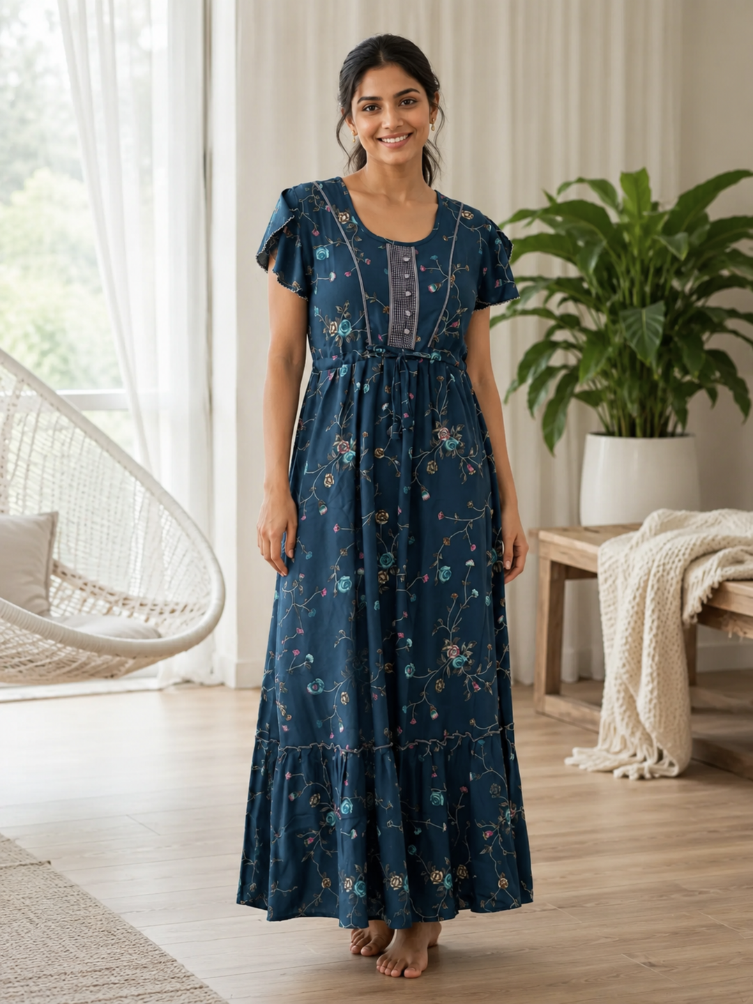 Floret Teal Alpine Designer Nighty for Women with Frock Fit