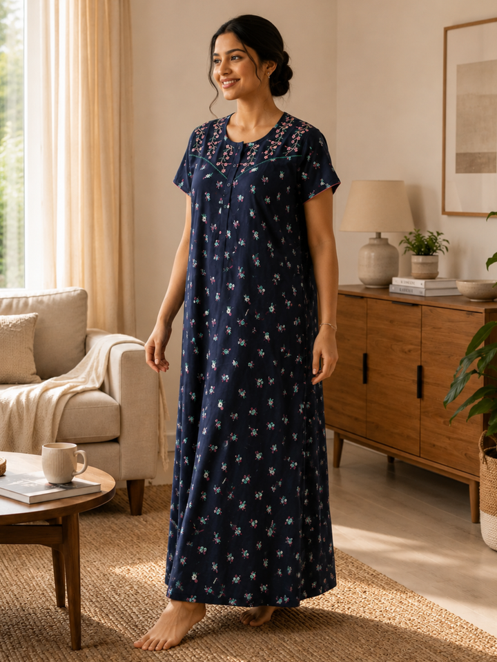 Ink Blue Floral Cotton Blend Designer Nighty for Women