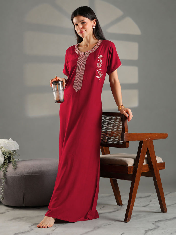 Stylish Alpine Sadabahar Ruby Red Embroidered A Line Nighty for Women