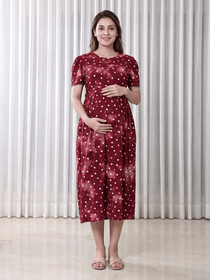 Red Heart Print Hosiery Cotton Maternity Nighty with Feeding Flap