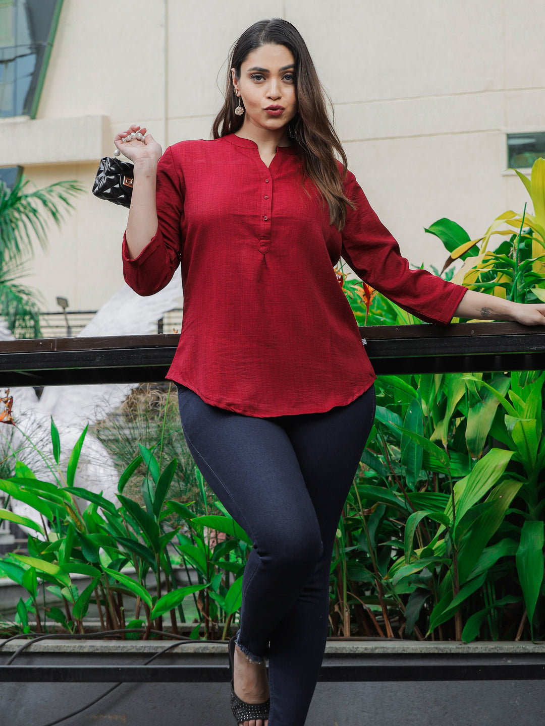  Casual Tops  Mandarin Collar Top - Shop Latest Dark Red Cotton Top Online- 9shines label 