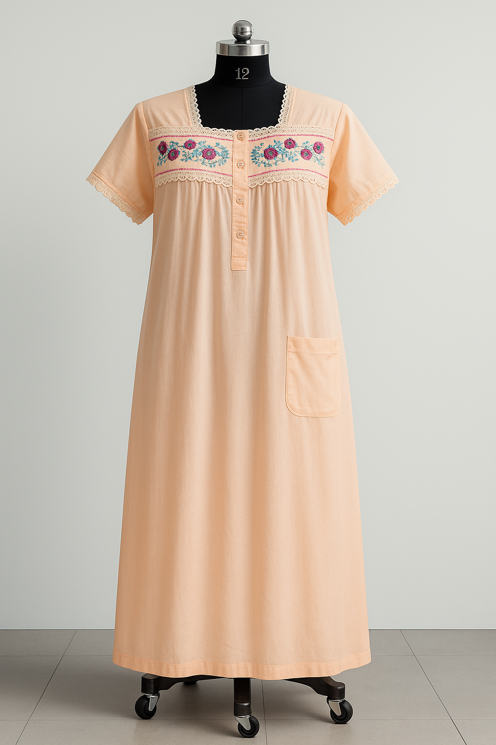Peach Embroidered Poly Cotton Nighty Dress with Pocket