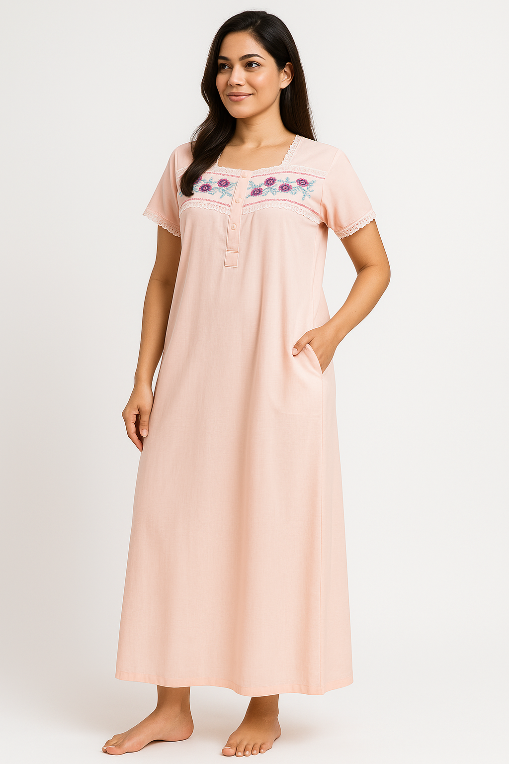 Peach Embroidered Poly Cotton Nighty Dress with Pocket