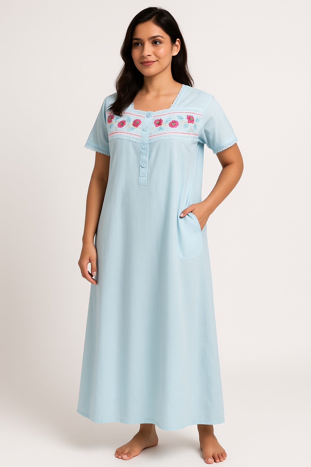 Blue Embroidered Poly Cotton Nighty For Women with Pocket