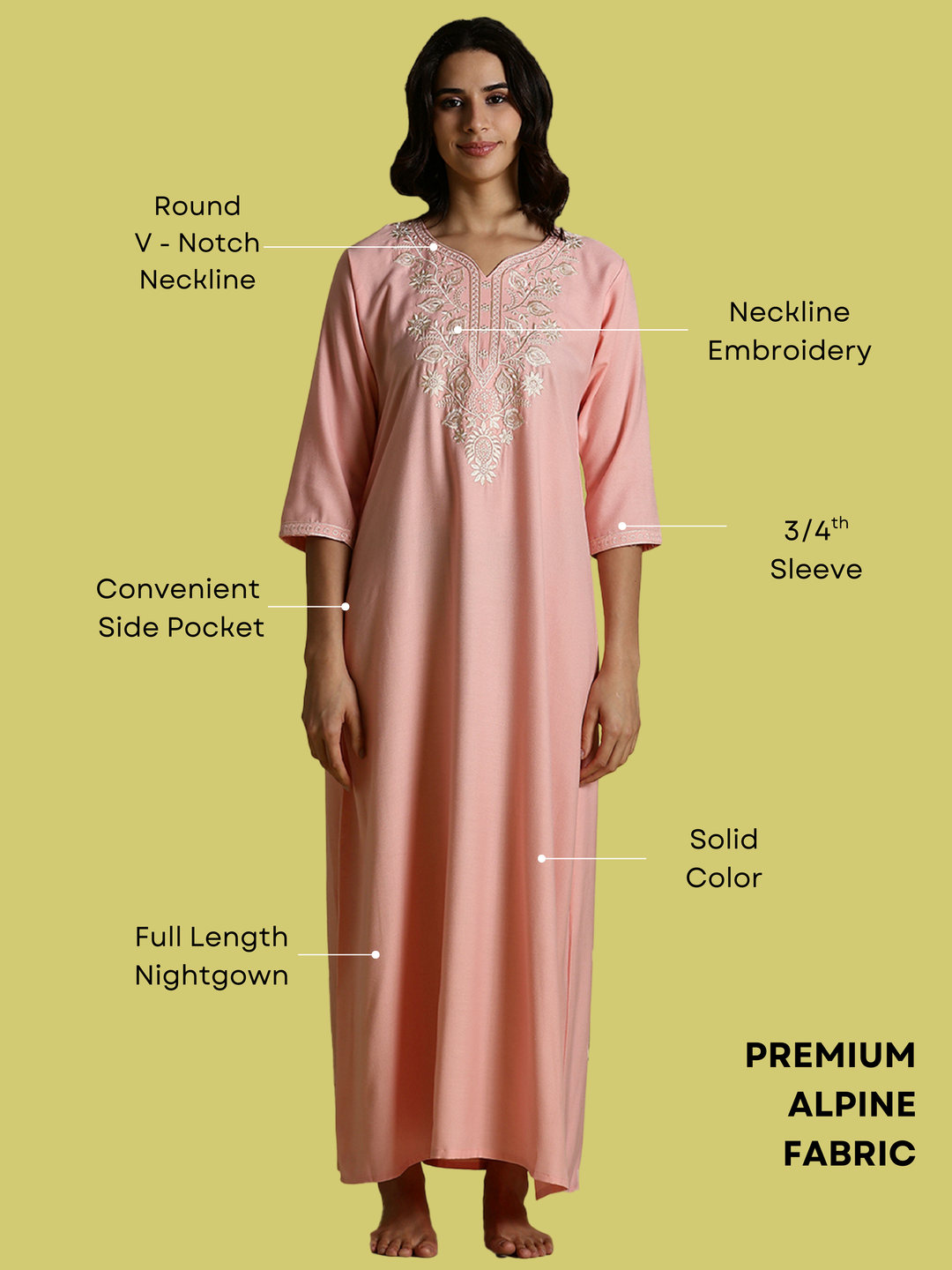 Peach Pink Alpine Embroidered Nighty for Women with Side Pocket