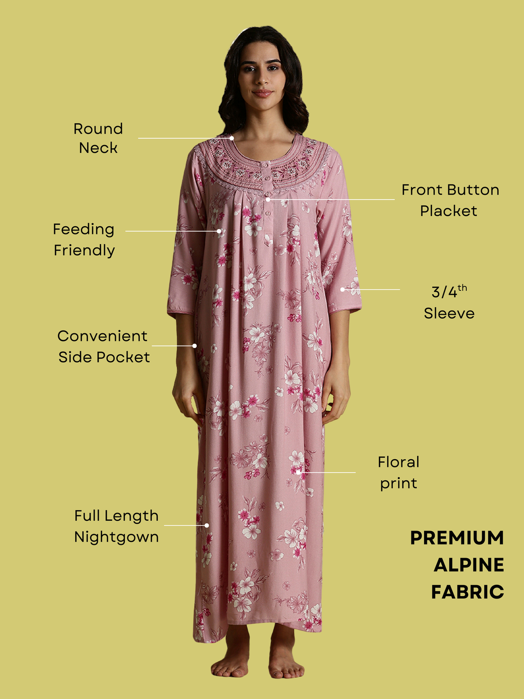 Candy Pink Alpine Embroidered Floral Nighty for Women