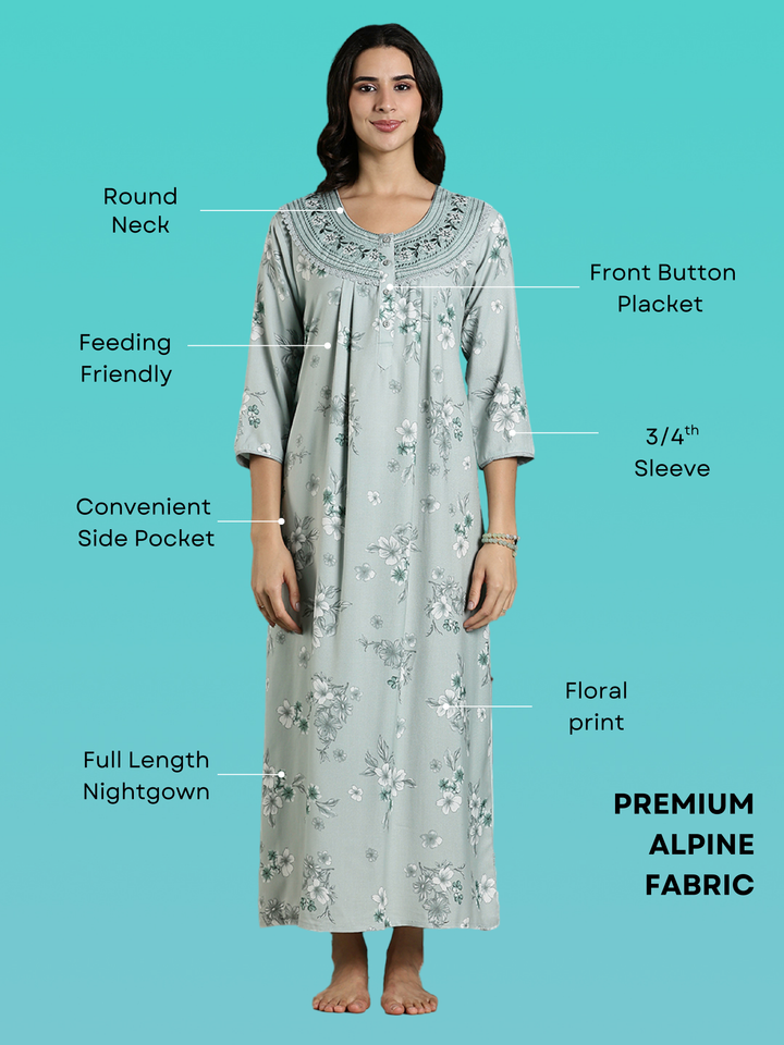 Fresh Grass Alpine Embroidered Floral Nighty with Pocket