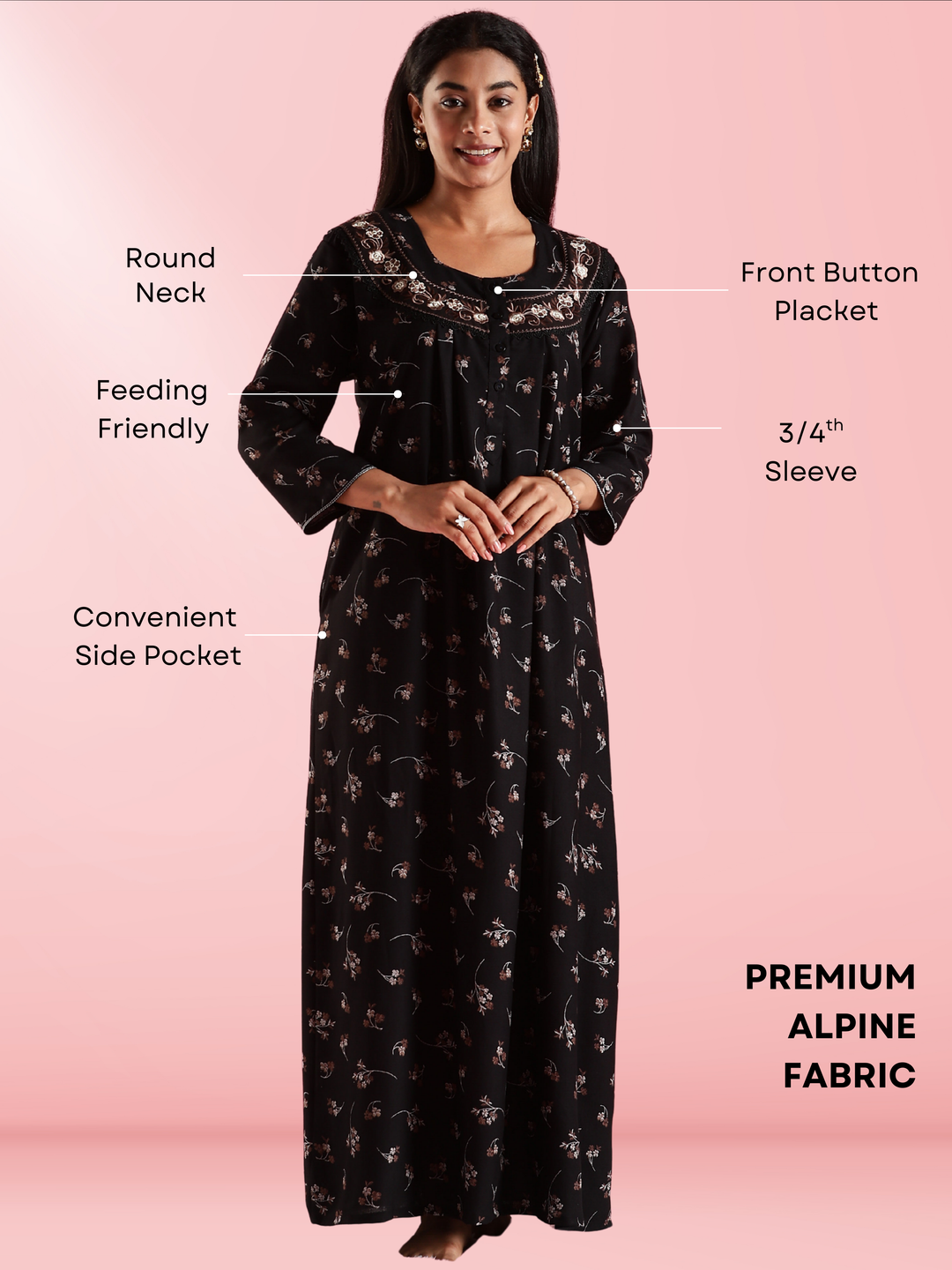 Black Floral Nighty with Embroidered Yoke and Feeding Buttons