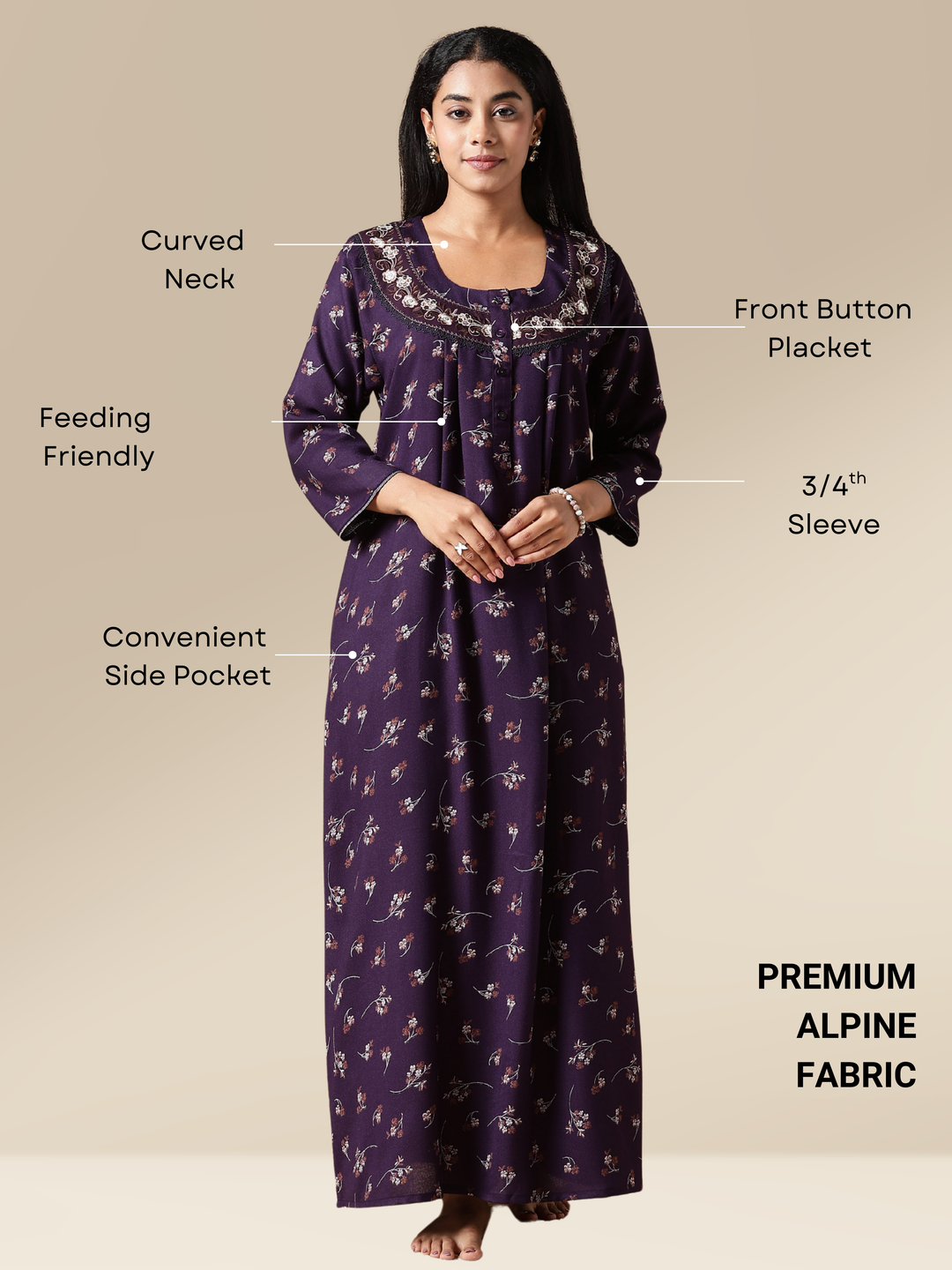 Purple Floral Front Open Nighty with Embroidery
