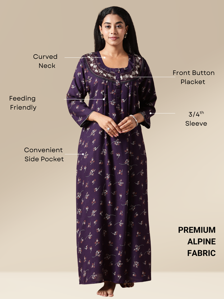 Purple Floral Front Open Nighty with Embroidery