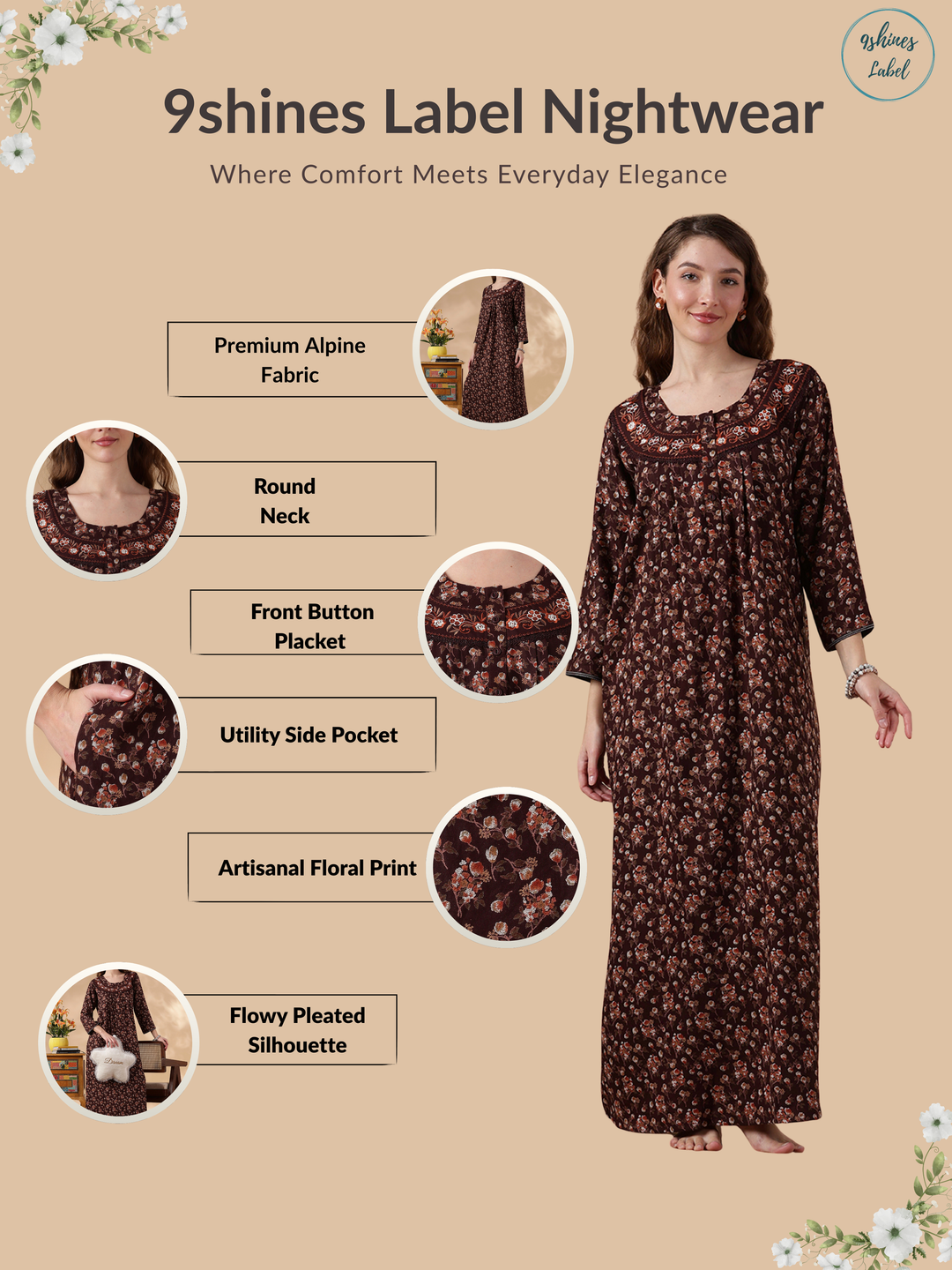 Alpine Floral Designer Nighty for Women Soft and Embroidered