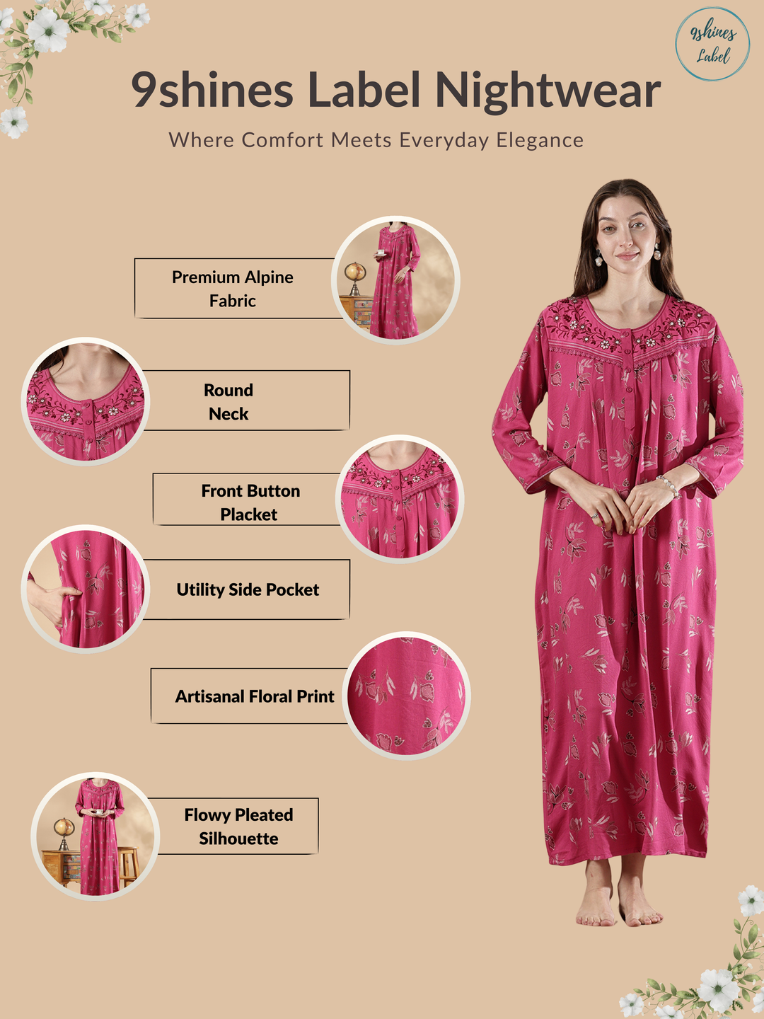 Alpine Floral Embroidered Full Sleeve Nighty for Women Soft and Relaxed