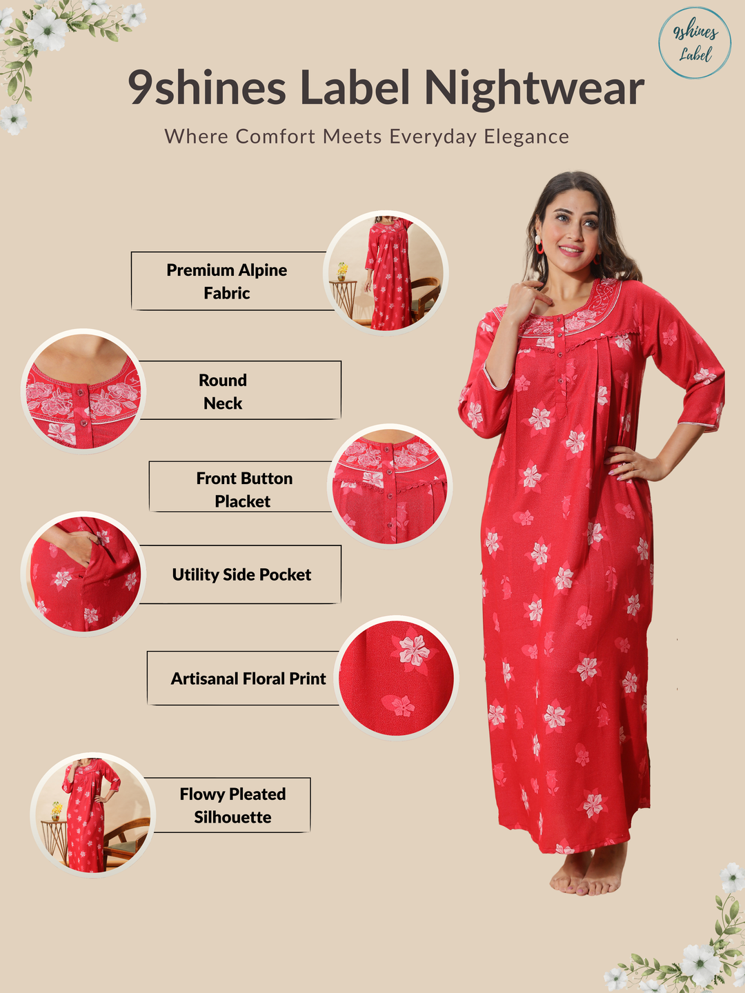 Red Embroidered Designer Nighty for Women With Stylish & Cozy
