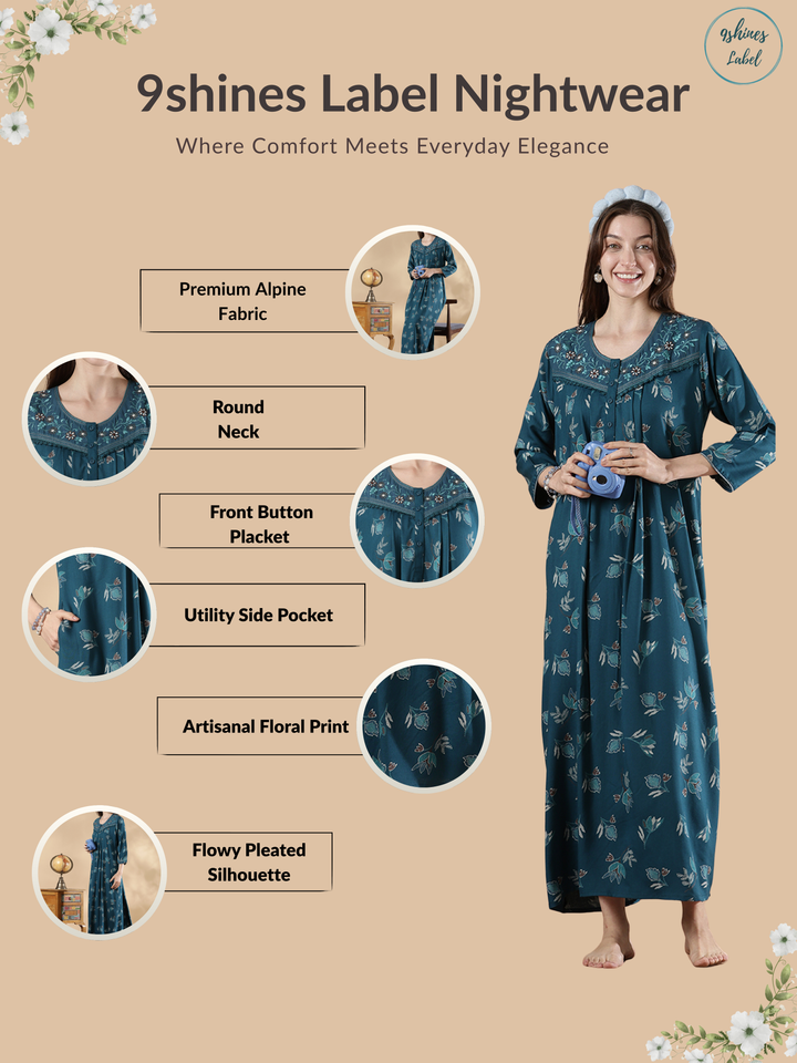 Alpine Full Sleeve Floral Print Nighty for Women Breathable Fit