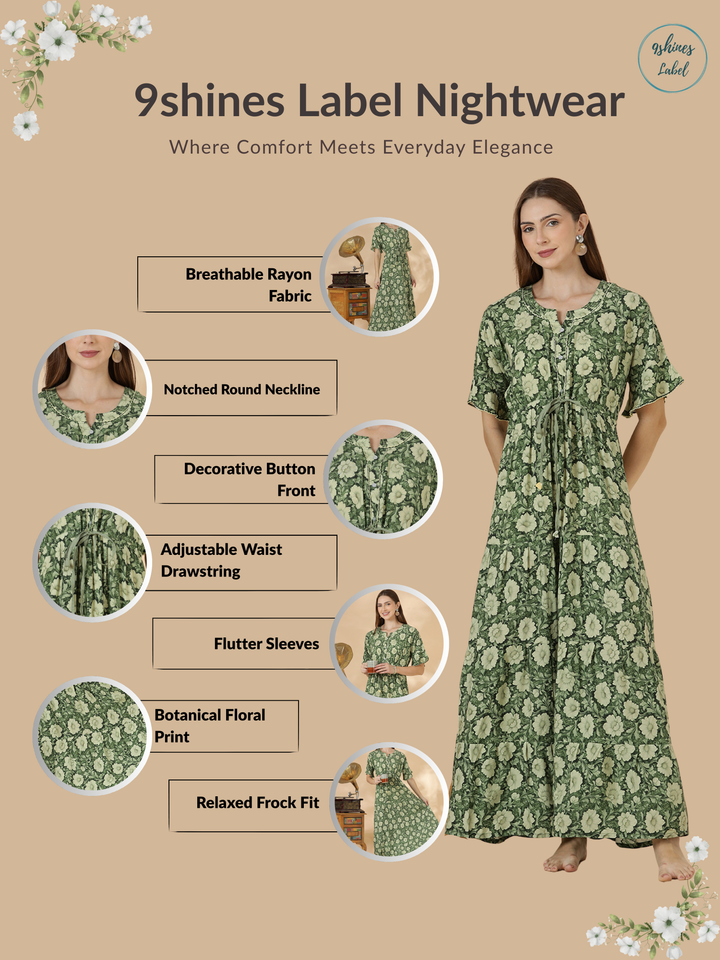 Floral Print Relaxed Fit Frock Type Olive Green Nighty for Women