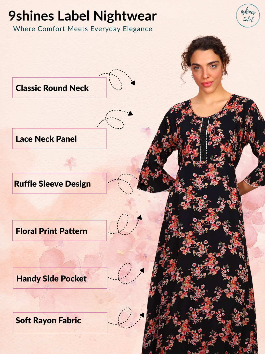 Elegant Black Rayon Nighty with Lace and Floral Print