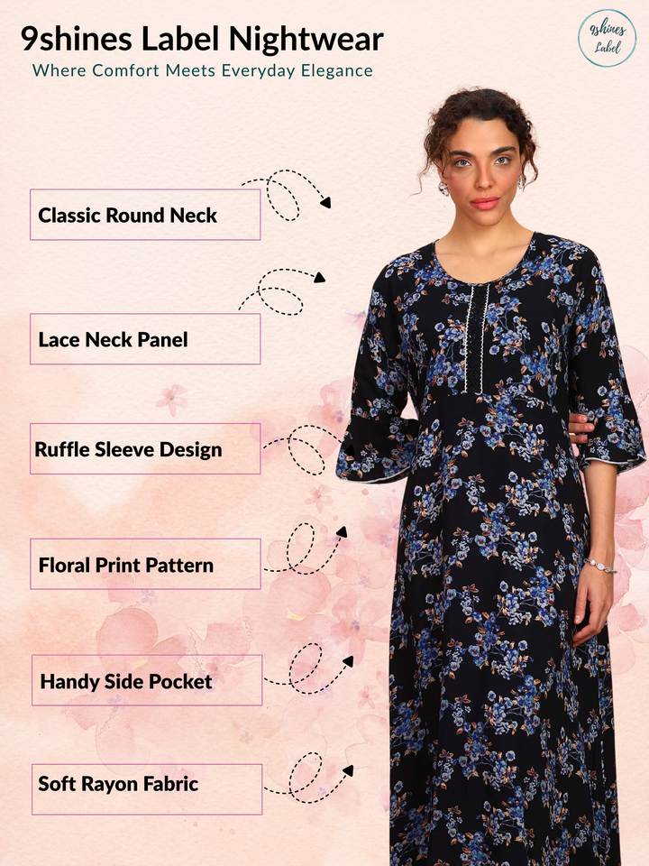 Long Rayon Nightdress with Floral Prints and 3/4 Sleeves