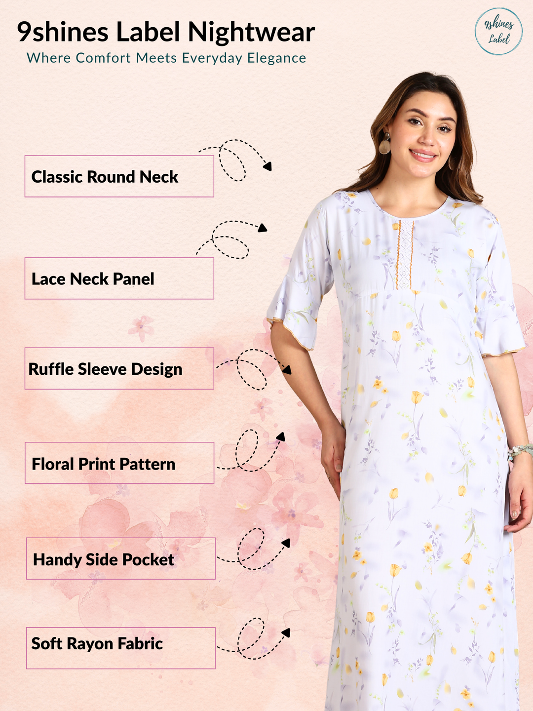 White Rayon Nightdress with Floral Prints and 3/4 Sleeves