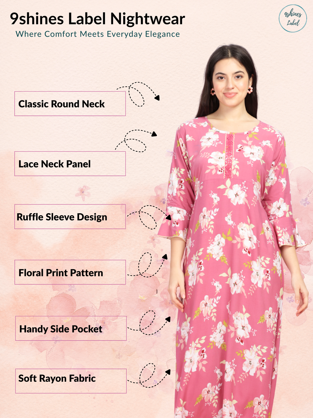Lily Pink Floral Rayon Designer Nighty