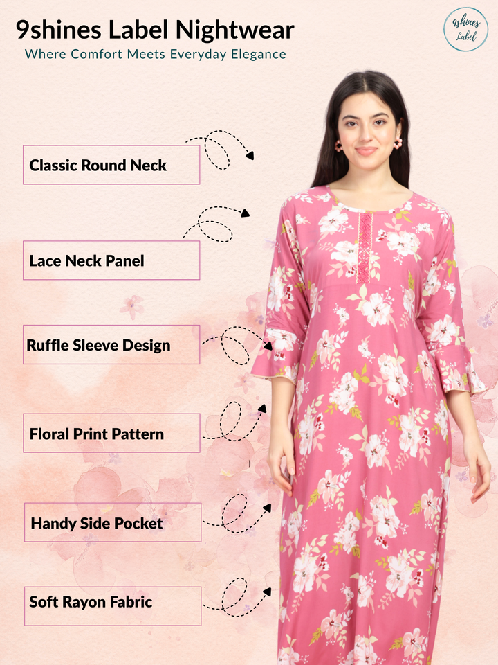 Lily Pink Floral Rayon Designer Nighty
