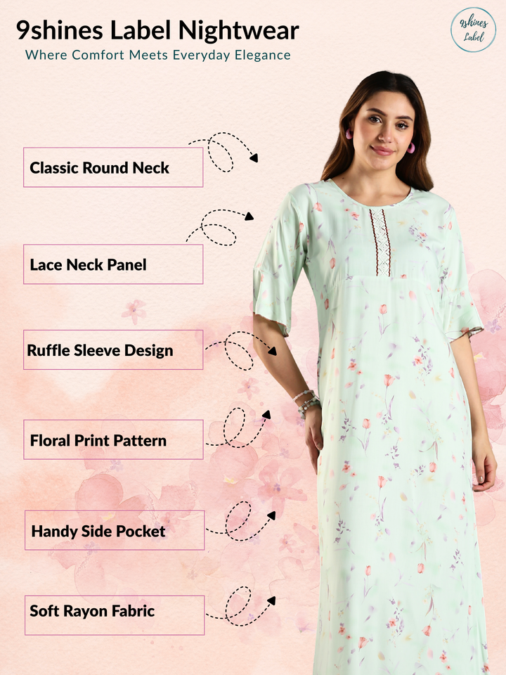 Green Rayon Nightdress with Floral Prints and 3/4 Sleeves
