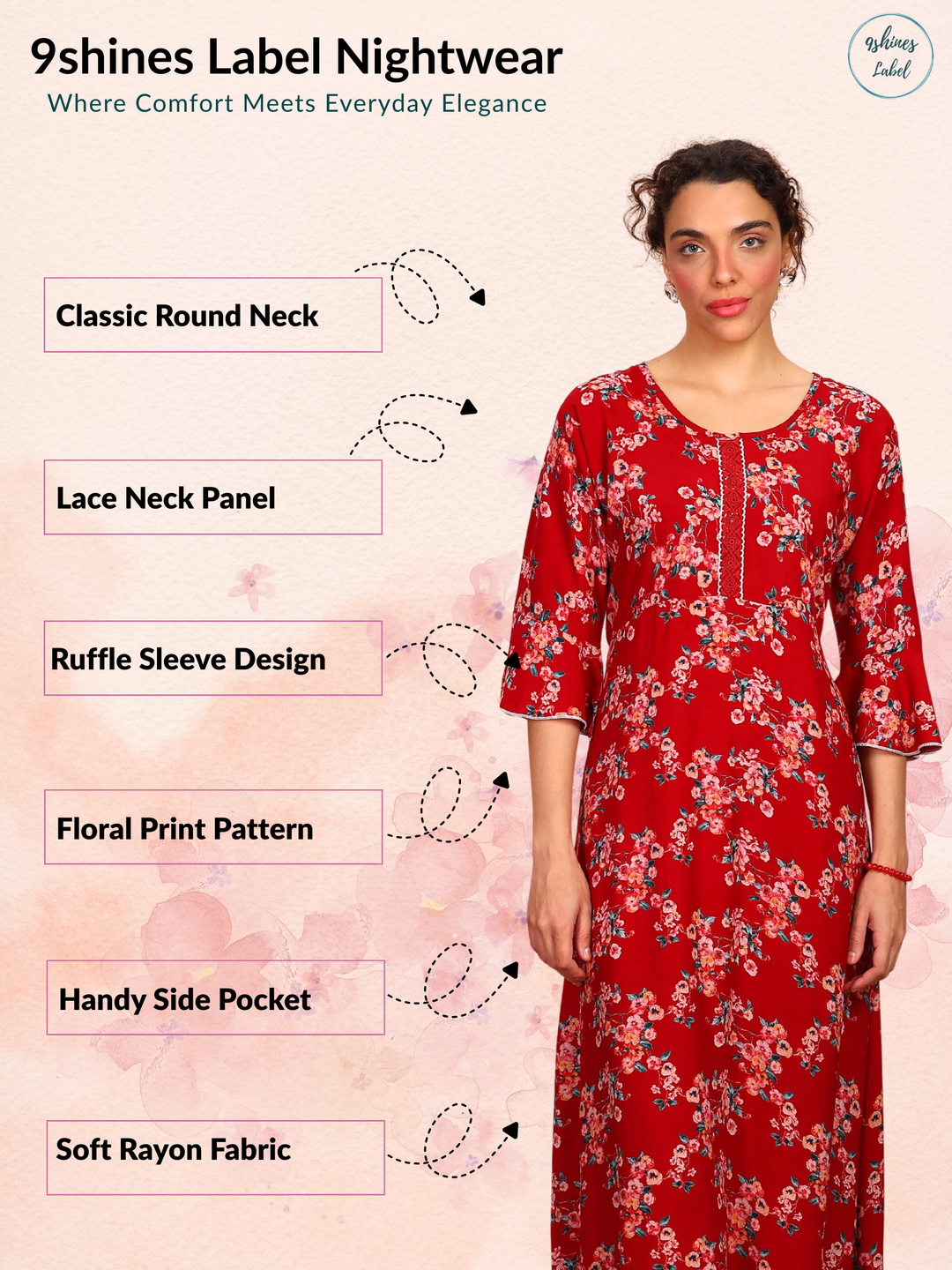 Red Rayon Designer Nightdress with Embroidered Neckline